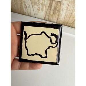 Vintage Romany Tile Art Elephant Black Outline Cream Square USA